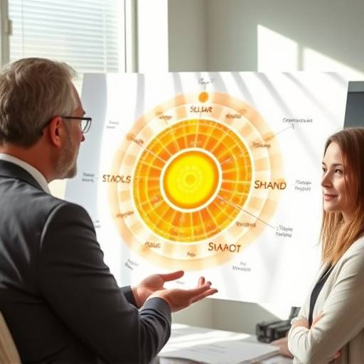 Consultor explicando un diagrama de sistema solar a un cliente en una oficina.