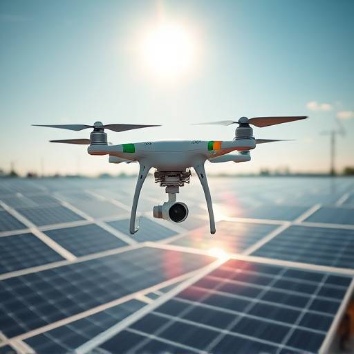 Drone vigilando una granja solar para la seguridad y el mantenimiento.
