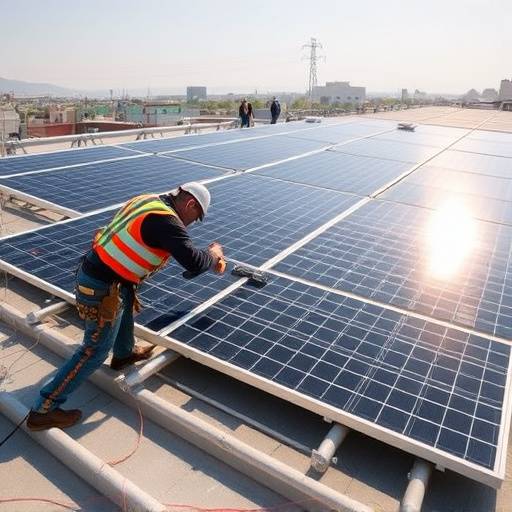 Equipo instalando paneles solares en un tejado con herramientas y equipo de seguridad.